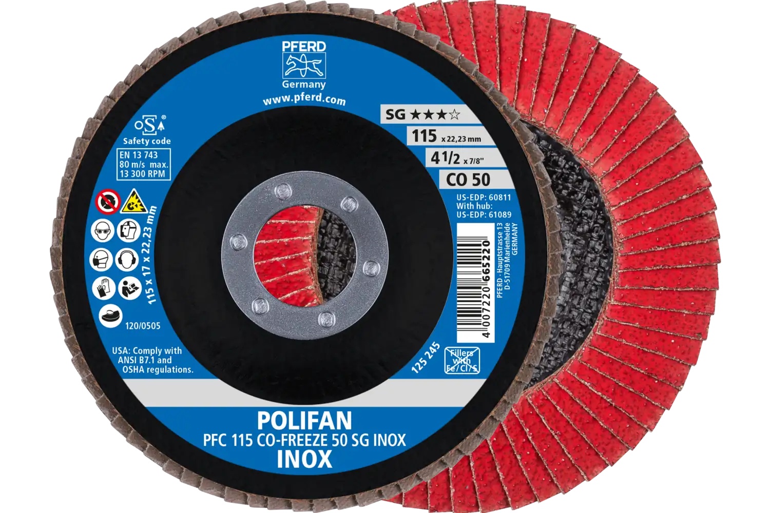 Picture of Pferd Flap Disc, 4-1/2" x 7/8, CO-Freeze SG Inox, 50 Grit, T29, Conical, Ceramic